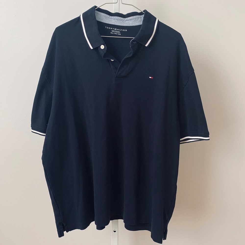 Tommy Hilfiger sz XXL Navy Blue Polo Shirt Short Sleeve Logo Trim Preppy